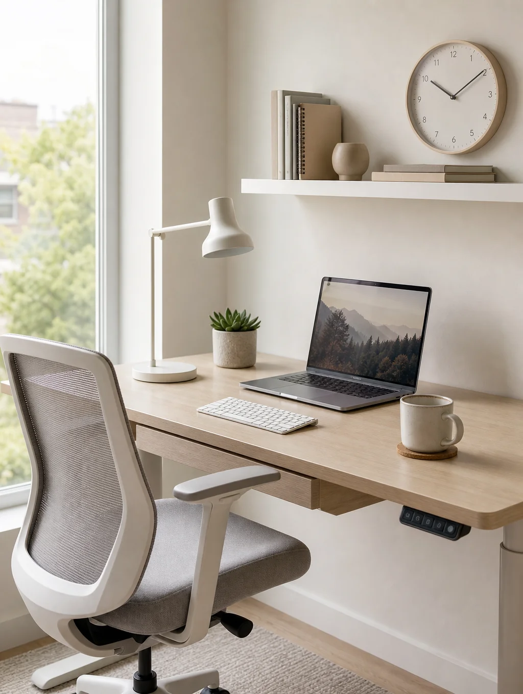 Organized and dusted home office space, no people