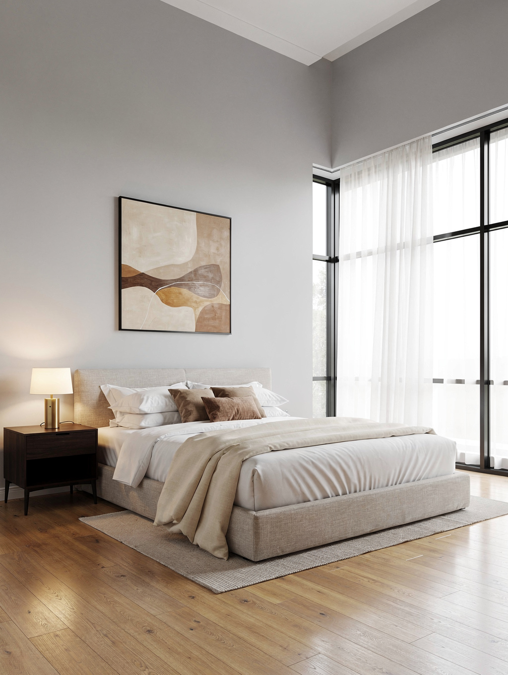 Freshly made bed with crisp linens, empty bedroom