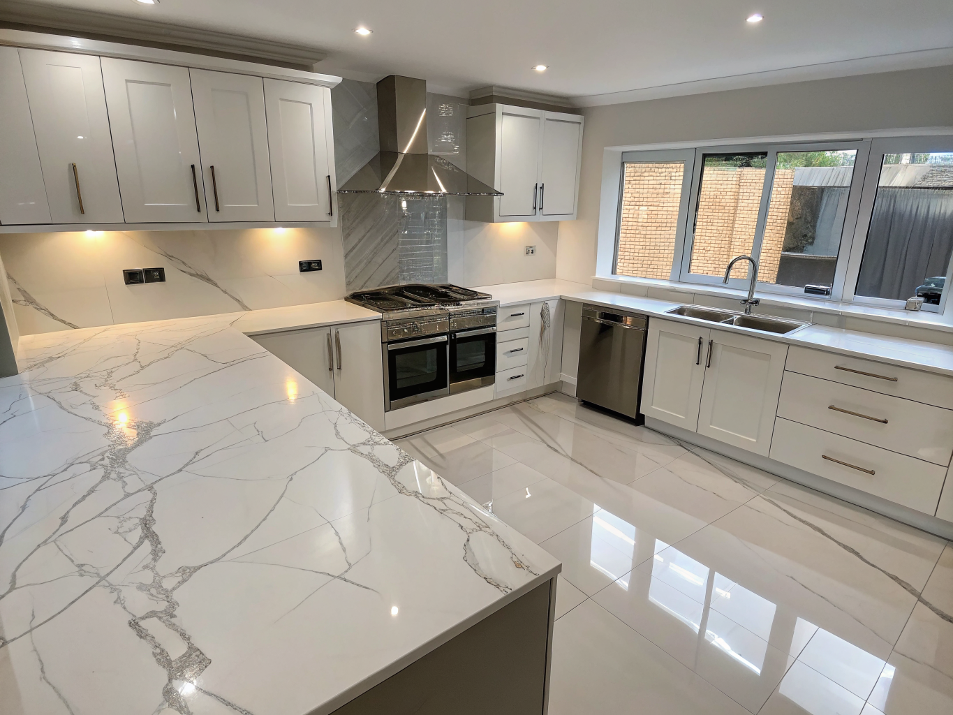 Polished marble kitchen countertop, empty space